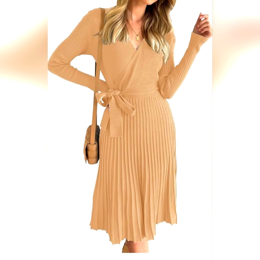 Zesica Women's 2024 Fall Long Sleeve Wrap V Neck Ribbed Knit Pleated A Line